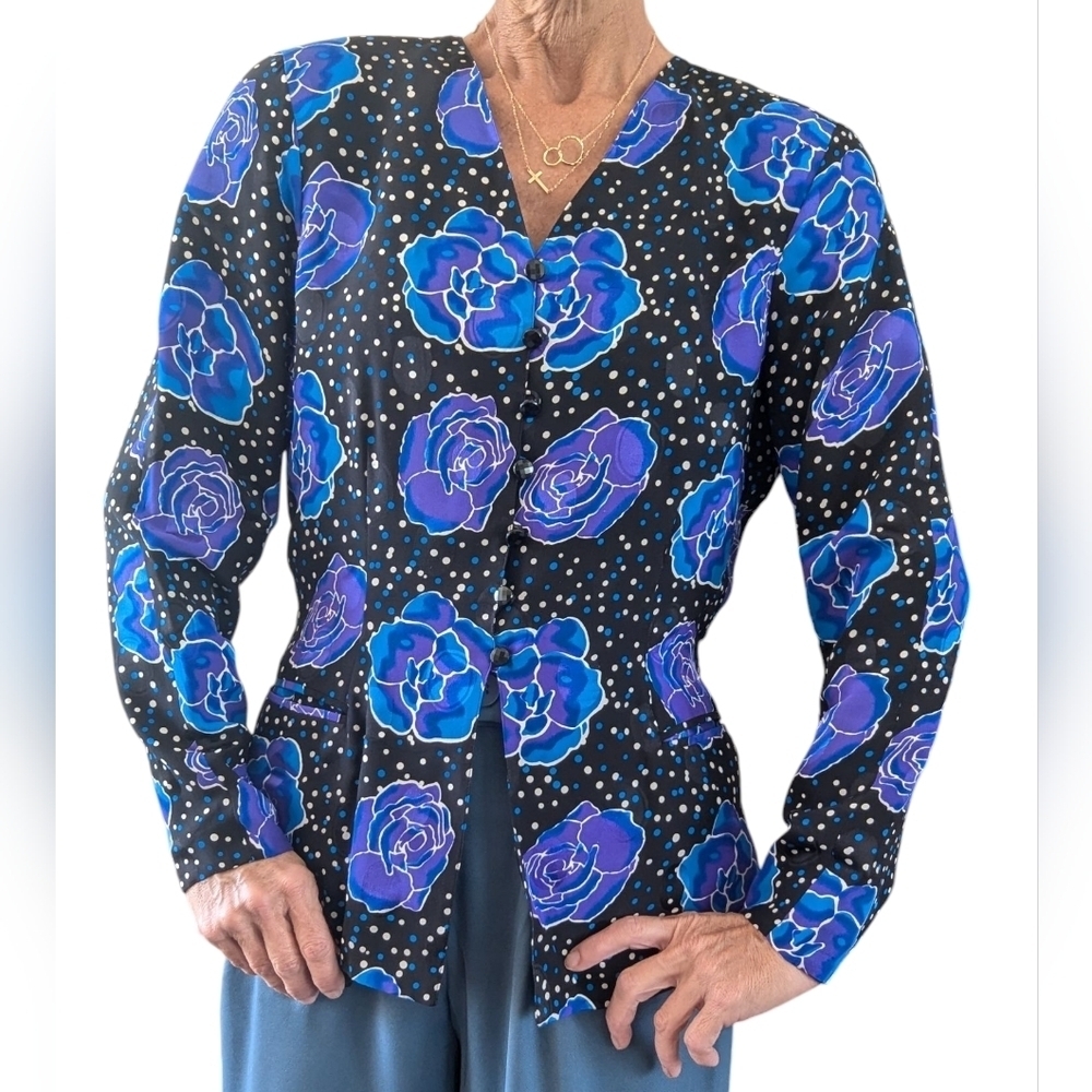 Vintage 80s Silk Studio 100% Silk Floral Tie Back Blouse Blue 10